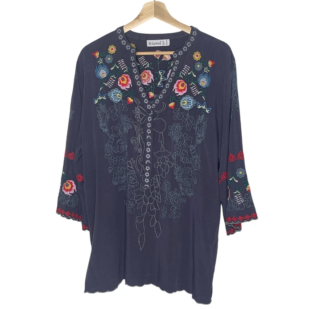 St.Lareina Womens Embroidered Floral Tunic Blouse Navy Blue Cotton Blend Size L